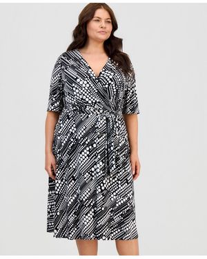 Kasper Plus Size Printed Knit Faux-wrap Belted Dress - Black