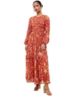 MARYISA Modest Ruffle Floral Net Dress - Red
