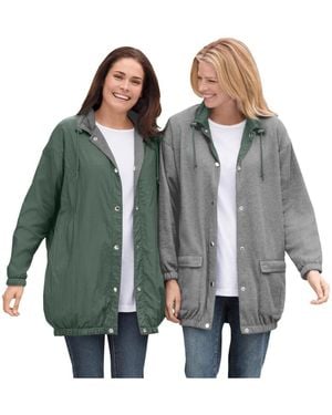 Woman Within Plus Size Fleece Nylon Reversible Jacket - Green