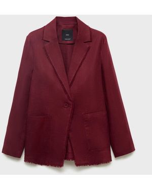 Mango Frayed Ends Linen Suit Blazer - Red