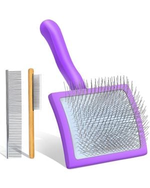 Aronkl Dog Slicker Brush Grooming Kit Long Hair Detangles Mats Shedding Wooden Handle Combs - Purple