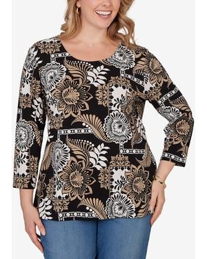 Ruby Rd. Plus Size Tropical Patchwork Scoop Neck Knit Top - Black