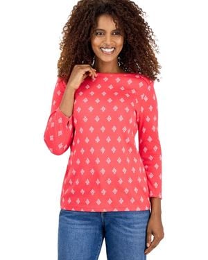 Style & Co. Printed Pima Cotton 3/4 Sleeve Boat-neck Top - Red