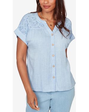 Ruby Rd. Petite Paisley Embroidered Gauze-button T-shirt - Blue