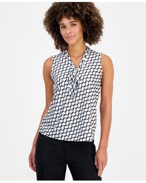 Kasper Geo-print Tie-neck Sleeveless Blouse - White