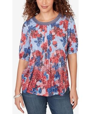Ruby Rd. Petite Abstract Floral Lace Trim Top - Red