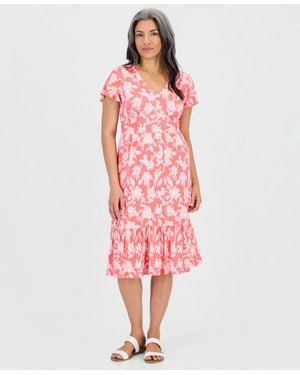 Style & Co. Petite Printed Knit V-neck Midi Dress - Pink
