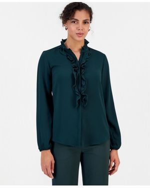 BarIII Ruffle-front Long-sleeve V-neck Blouse - Blue