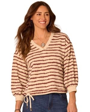 Democracy Jacquard V-neck Blouson-sleeve Top - Brown