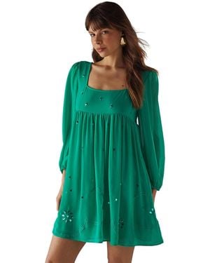 Warehouse Hand Embellished Square Neck Mini Dress - Green