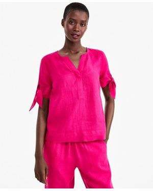 Charter Club 100% Linen Split-neck Tie-cuff Top - Pink