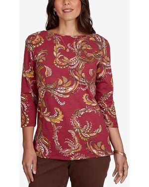 Ruby Rd. Petite Paisley-print Boat Neck 3/4-sleeve Top - Red
