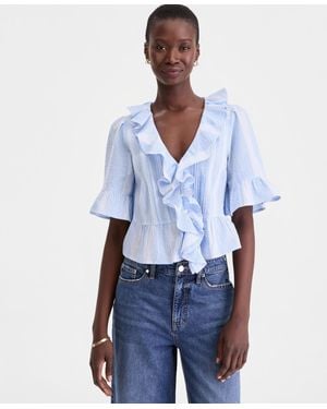 On 34th Short Sleeve Ruffle-front Cotton Blouse - Blue