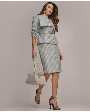 Donna Karan Draped Lapel Collar Belted Sequin Detail Jacket Pencil Midi Skirt Printed Turtleneck Top - Gray
