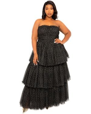 Buxom Couture Plus Size Metallic Polka Dot Tiered Tulle Dress - Black