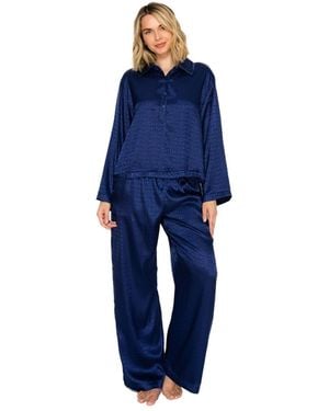 Badgley Mischka Silky Jacquard Satin Long Sleeve And Wide Leg Pajama Set - Blue