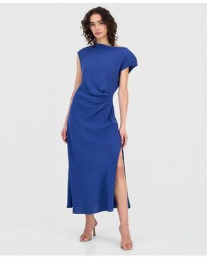 Sam Edelman Cowl-neck Waist-pleat Side-slit Dress - Blue