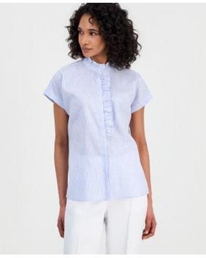 Anne Klein Striped Ruffled Neck Button Front Blouse - White