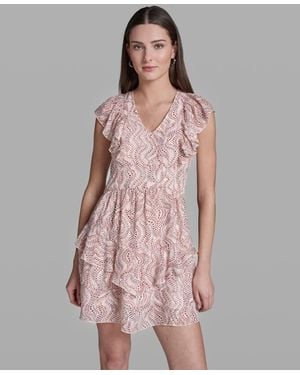BCBGMAXAZRIA Printed Ruffle V-neck Dress - Pink