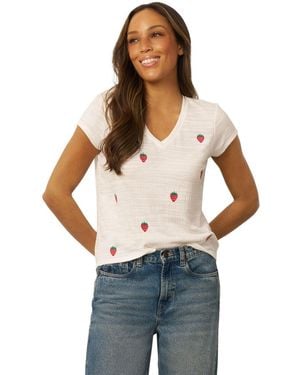 Cable & Gauge Crinkle Vneck Embroidered Tee - White