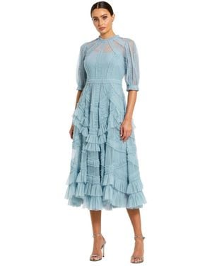 Mac Duggal Petite Illusion High Neck Tiered Ruffle A-line Midi Dress - Blue