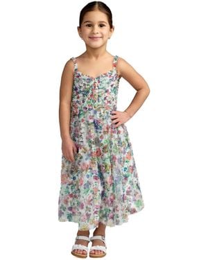 Mac Duggal Big Girls Mesh V-neck Floral Print Mini Dress - White
