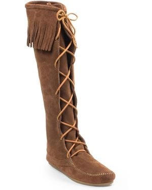Minnetonka Suede Front Lace Knee High Boots - Brown