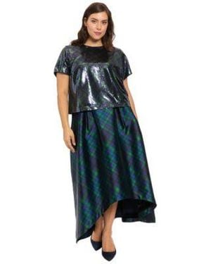 Muse Plus Size High Low Plaid Ball Gown Skirt Sequin Detail Jewel Neck Top - Blue