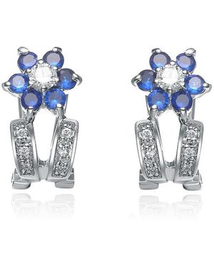 Genevive Jewelry Cubic Zirconia Sterling Silver Rhodium Plated Sapphire Flower Earrings - Blue