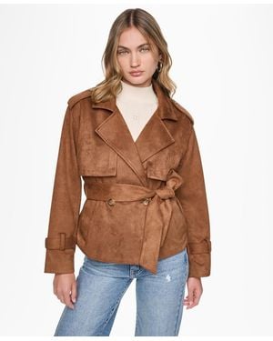 DKNY Faux Suede Collared Short Trench Jacket - Brown