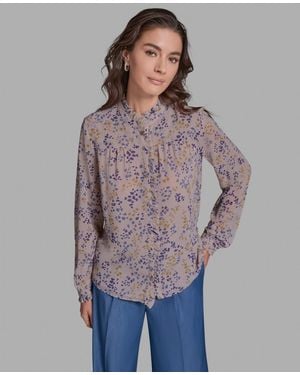 BCBGMAXAZRIA Long-sleeve Printed Ruffle Front Top - Purple