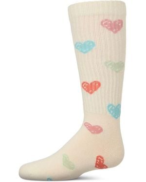Memoi Big Girls Ribbed Cotton Blend "multi Graffiti Hearts" Knee Sock - Natural