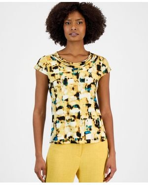 Kasper Printed Short-sleeve Cowlneck Top - Yellow