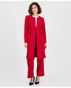 Kasper Stretch Crepe Piping-trim Long Jacket - Red
