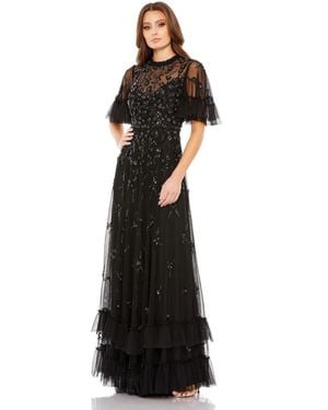 Mac Duggal Ruffled Floral Embellished Flutter Sleeve A-line Gown - Black