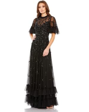 Mac Duggal Ruffled Floral Embellished Flutter Sleeve A-line Gown - Black