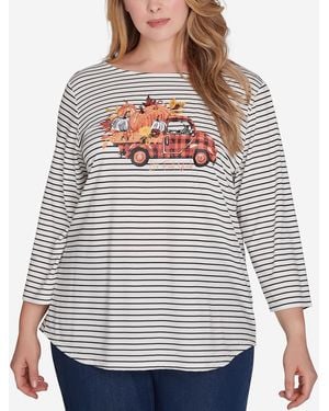 Ruby Rd. Plus Size Boat Neck Fall Y'all Truck Striped Knit Top - Gray