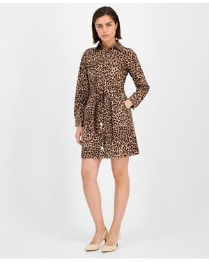 Anne Klein Printed Tie-waist Long-sleeve Shirtdress - Brown