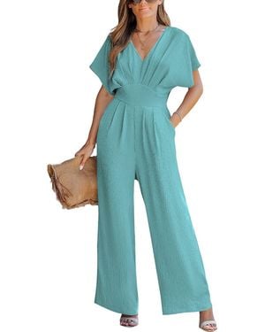 CUPSHE V-neck Short Sleeve Straight Leg Jumpsuit - Blue