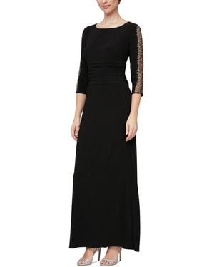 Sl Fashions Beaded-sleeve Ruched-waist Gown - Black
