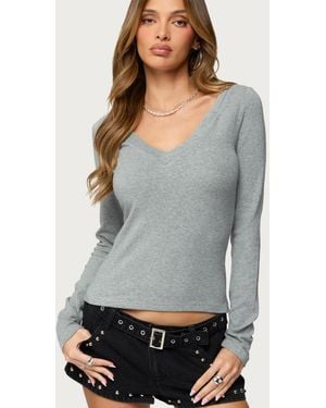 Edikted Larna V Neck Ribbed T Shirt - Gray