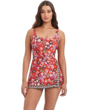 Beyond Control Over-the-shoulder Square Neck Swim Dress - Red