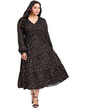 Avenue Plus Size Indi Puff Sleeve Shirred Dress - Black