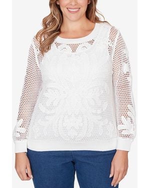 Ruby Rd. Plus Size Crochet Lined Pullover Sweater - White