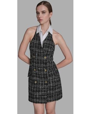 BCBGMAXAZRIA Plaid Boucle Twofer Halter Neck Dress - Gray