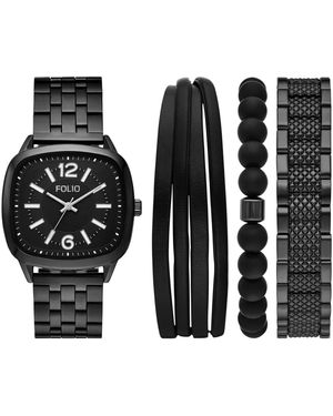 Folio Quartz Three-hand Alloy Watch Set - Black