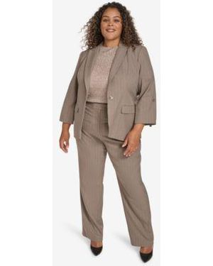 Calvin Klein Plus Size Pinstriped Jacket Cap Sleeve Top High Waisted Pants - Brown