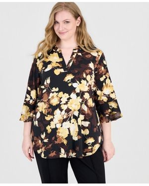 Kasper Plus Size Floral 3/4-length Flutter Sleeves Split-neck Tunic - Black