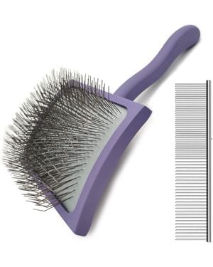Aronkl Curved Slicker Brush For Long Haired Dogs Soft Round Pins Beech Wood Handle - Blue