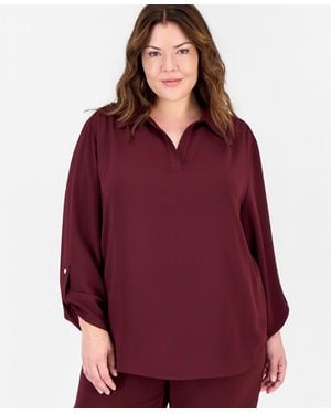 Anne Klein Essentials Plus Size Long-sleeve Button-down Roll-tab Blouse - Red